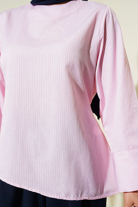 İnce Çizgili Asimetrik Kesim Tunik Pembe