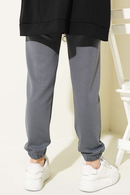 İnce Çizgili Bel İpli Jogger Pantolon Füme