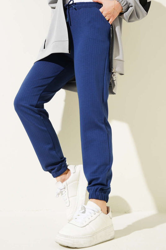 İnce Çizgili Bel İpli Jogger Pantolon Lacivert