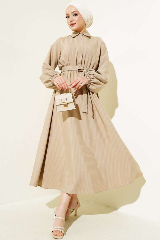 Thin Striped Elastic Waist Half Buttoned Dress Mink