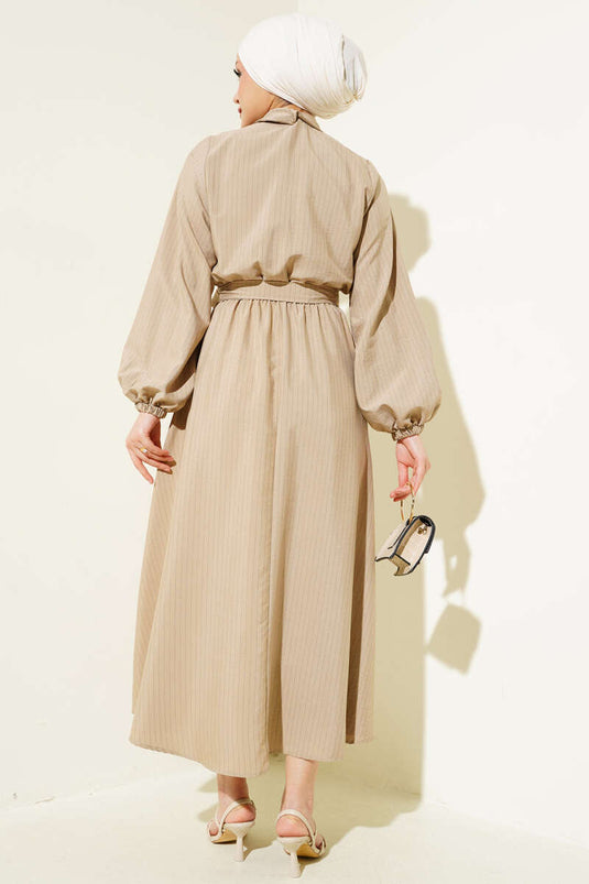 Thin Striped Elastic Waist Half Buttoned Dress Mink