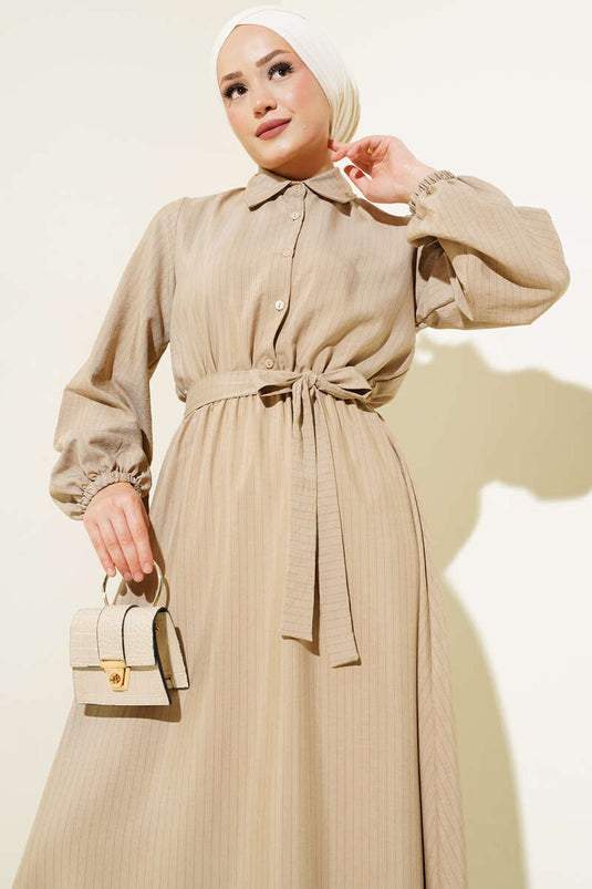 Thin Striped Elastic Waist Half Buttoned Dress Mink