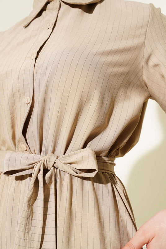 Thin Striped Elastic Waist Half Buttoned Dress Mink
