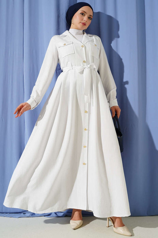 İnce Çizgili Boydan Düğmeli Elbise Beyaz