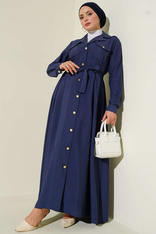 İnce Çizgili Boydan Düğmeli Elbise Lacivert