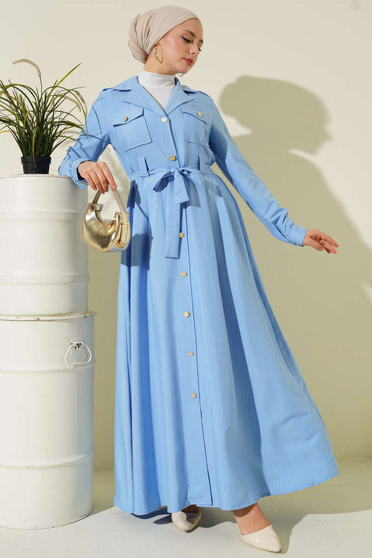 İnce Çizgili Boydan Düğmeli Elbise Mavi