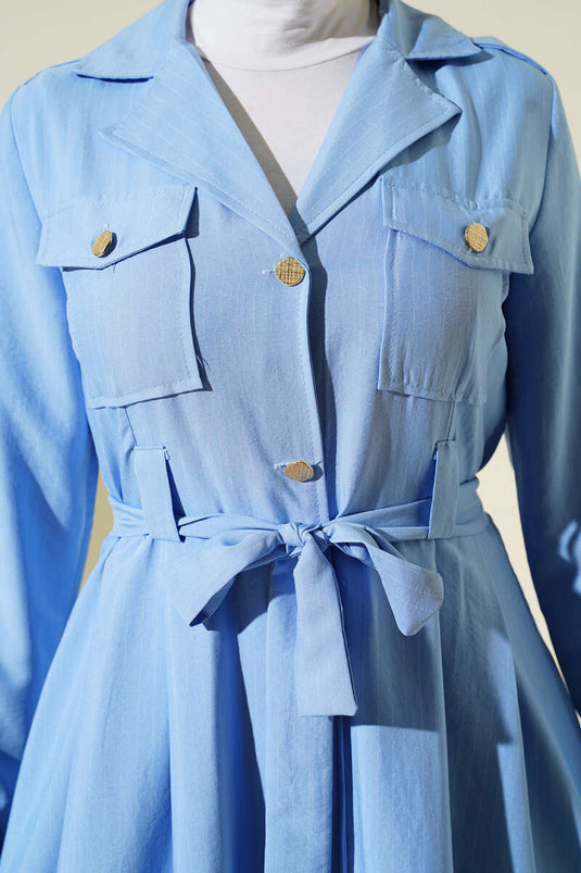 İnce Çizgili Boydan Düğmeli Elbise Mavi