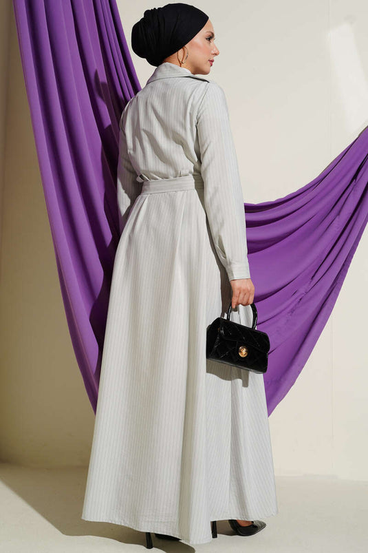 Thin Striped Full-Length Buttoned Dress Stone