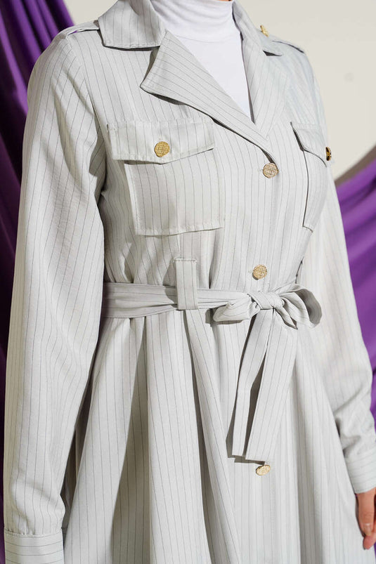 Thin Striped Full-Length Buttoned Dress Stone