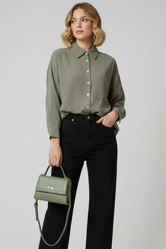 İnce Çizgili Düğmeli Gömlek Haki