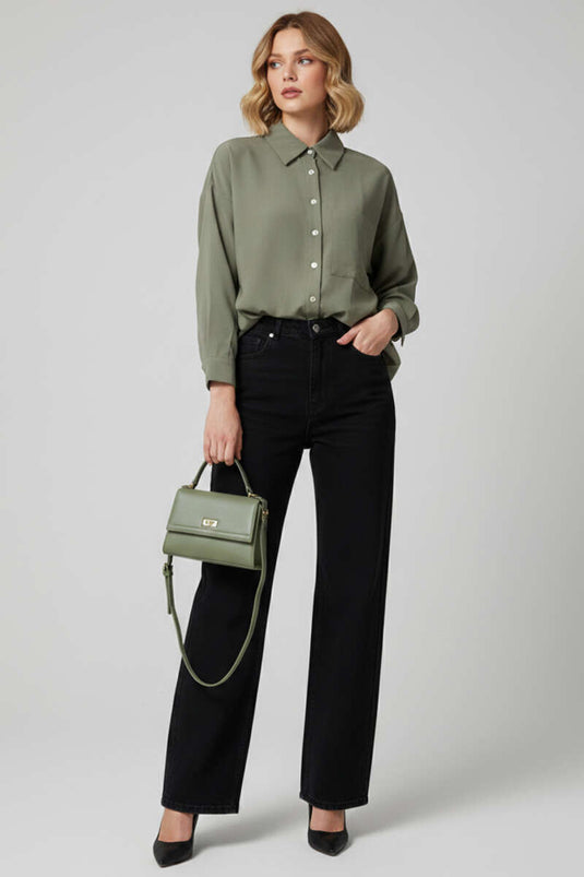 İnce Çizgili Düğmeli Gömlek Haki