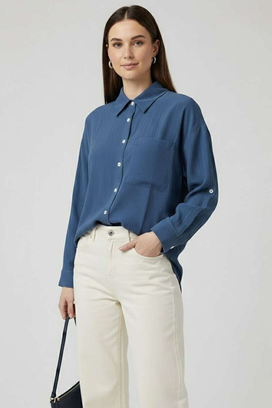 Navy Blue Shirt with Thin Stripes and Buttons