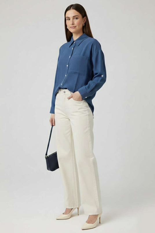 İnce Çizgili Düğmeli Gömlek Lacivert