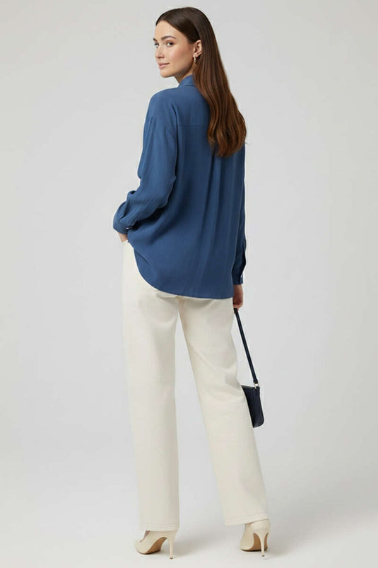 İnce Çizgili Düğmeli Gömlek Lacivert