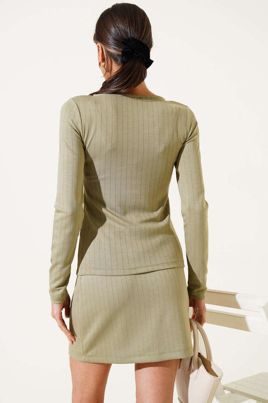 Pinstripe Buttoned Mini Skirt Suit Almond Green