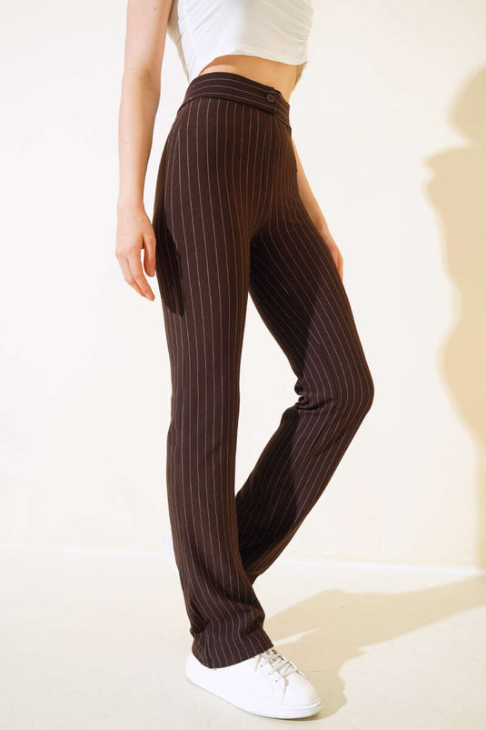 İnce Çizgili İspanyol Paça Pantolon Kahve