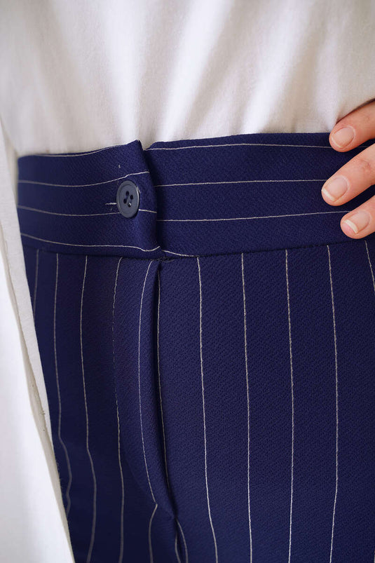 Navy Blue Pinstriped Flared Trousers