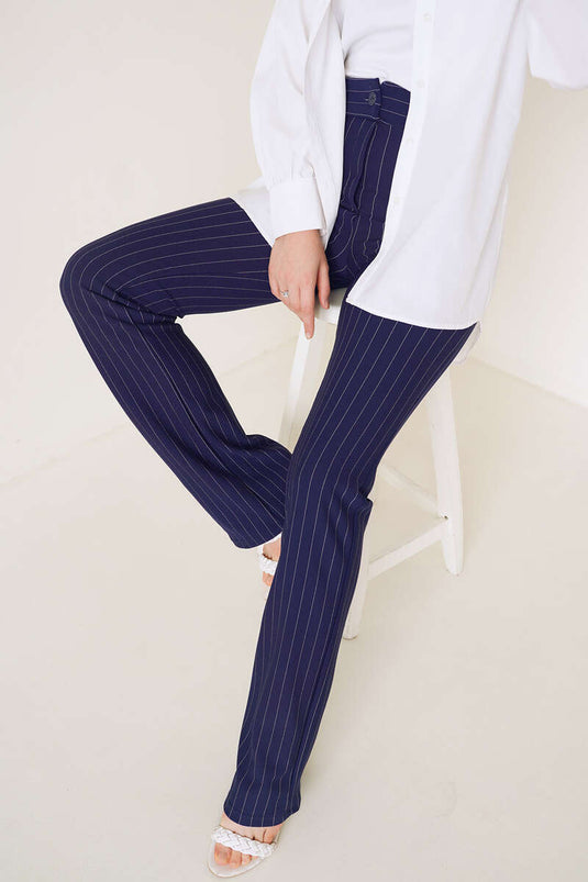 Navy Blue Pinstriped Flared Trousers