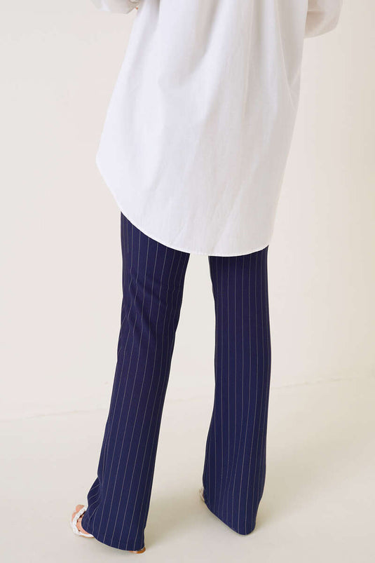 Navy Blue Pinstriped Flared Trousers