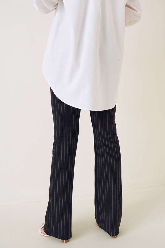 İnce Çizgili İspanyol Paça Pantolon Siyah