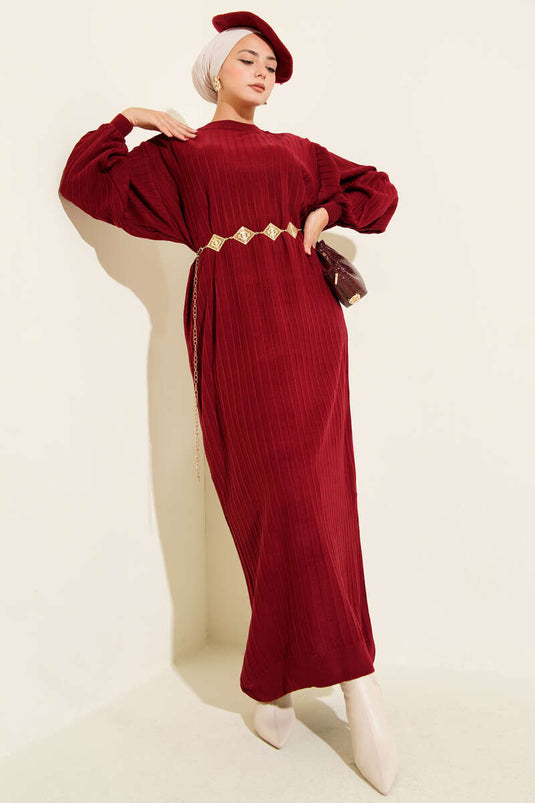 İnce Çizgili Salaş Triko Elbise Bordo