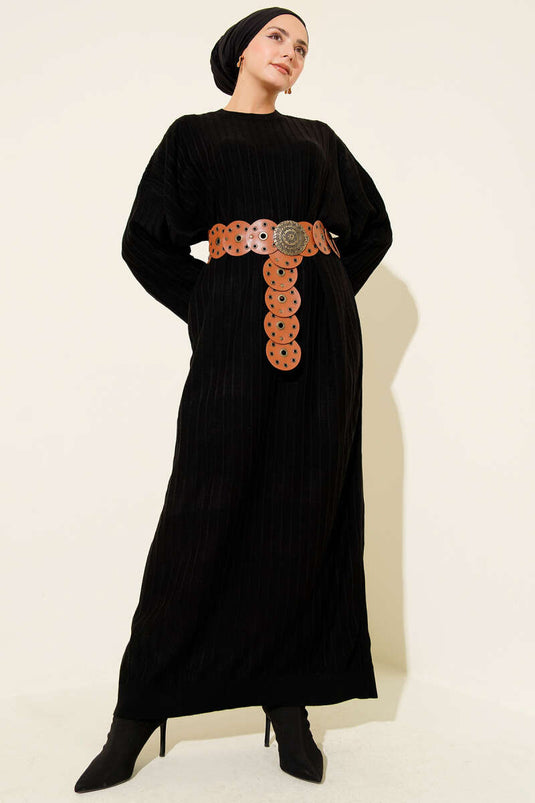 Thin Striped Casual Knit Dress Black