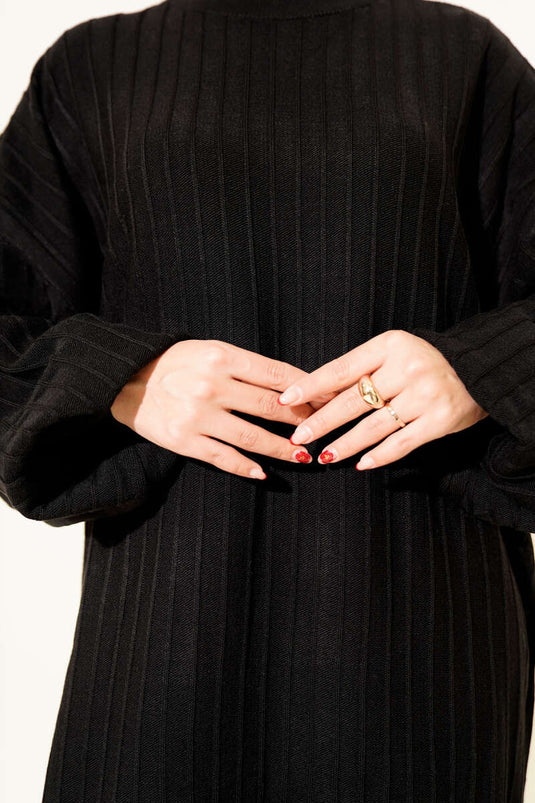 Thin Striped Casual Knit Dress Black