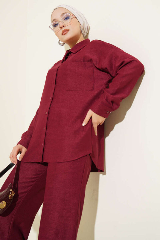 Dun geribbeld overhemd met zakje, tweedelig, bordeauxrood