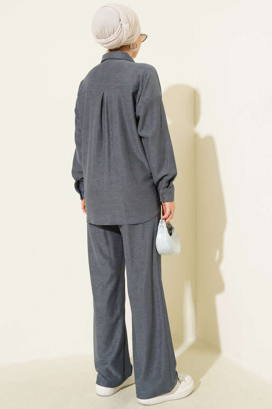 Zweiteiliges Set aus dünn geripptem Hemd mit Brusttasche, Indigo