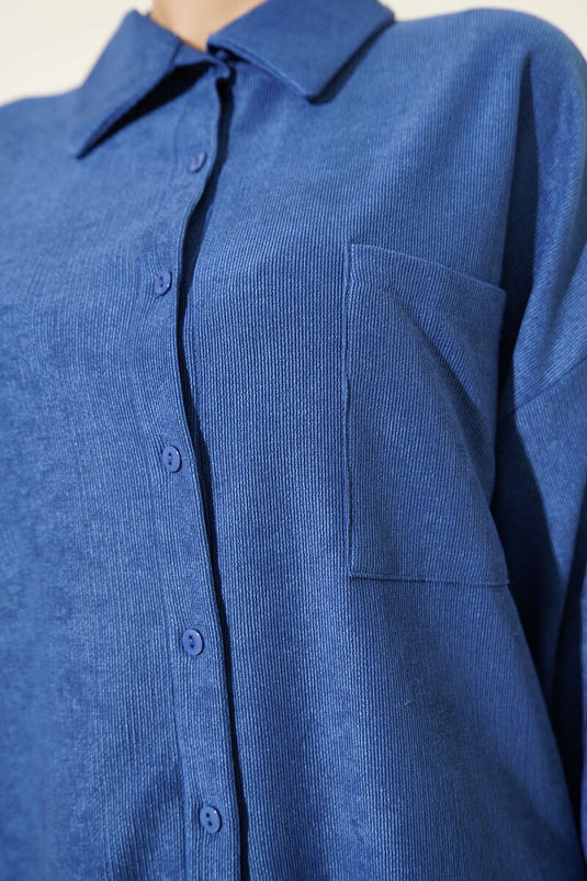 İnce Fitilli Cepli Gömlek İkili Takım Lacivert