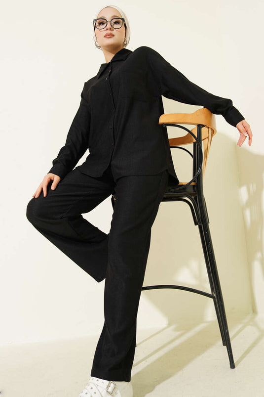 Thin Ribbed Pocket Shirt Two Piece Set Black