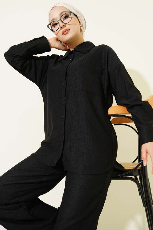 Thin Ribbed Pocket Shirt Two Piece Set Black