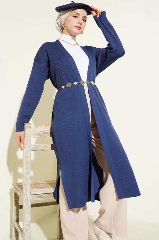 كارديغان طويل محبوك بنقشة رفيعة باللون النيلي