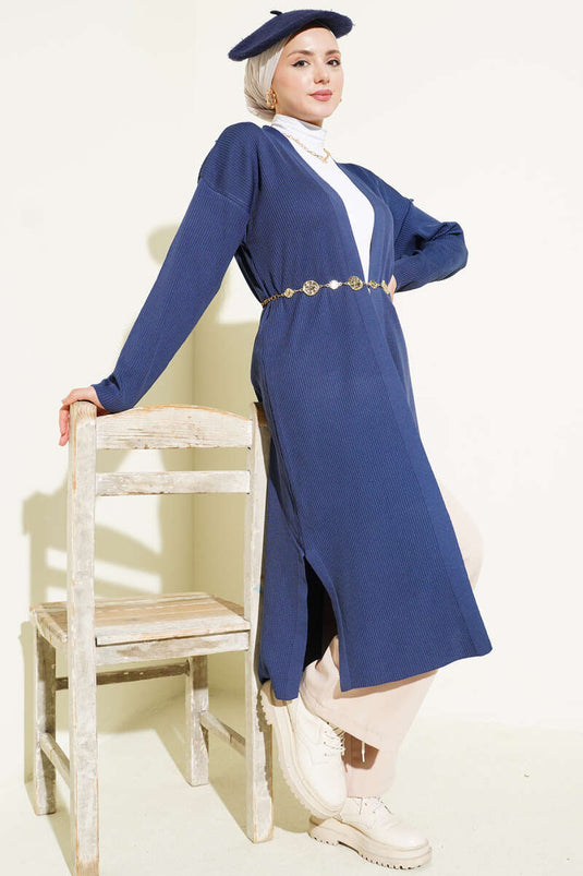 كارديغان طويل محبوك بنقشة رفيعة باللون النيلي