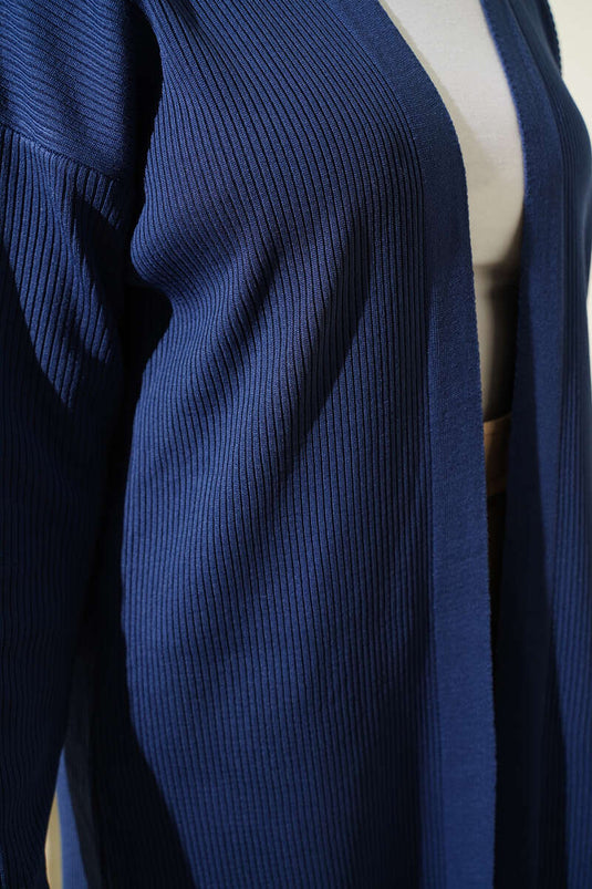 كارديغان طويل محبوك بنقشة رفيعة باللون النيلي