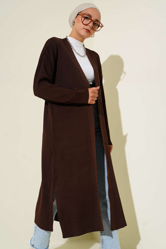 Fine Ribbed Knitwear Long Cardigan Brown