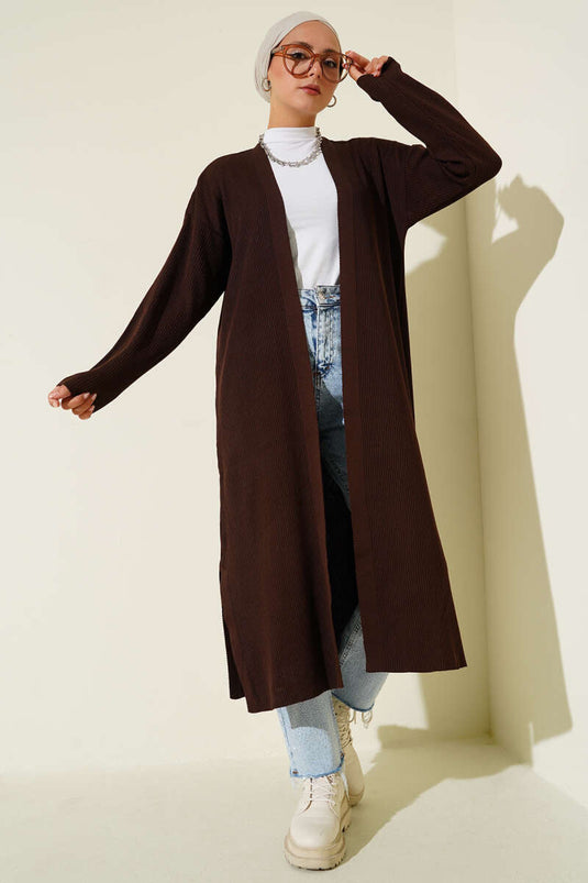 Fine Ribbed Knitwear Long Cardigan Brown
