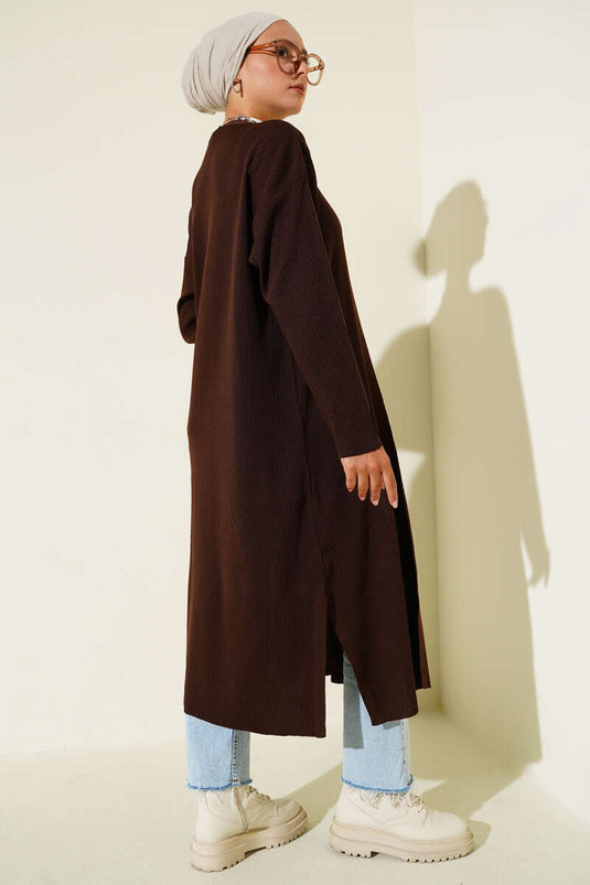 Fine Ribbed Knitwear Long Cardigan Brown