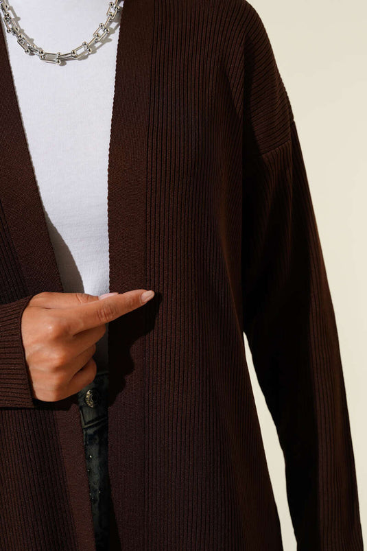 Fine Ribbed Knitwear Long Cardigan Brown