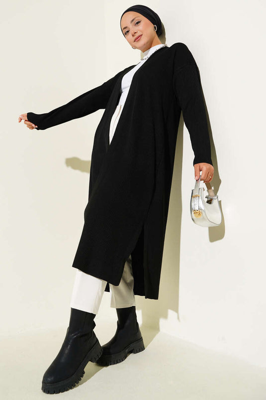 Thin Ribbed Knit Long Cardigan Black