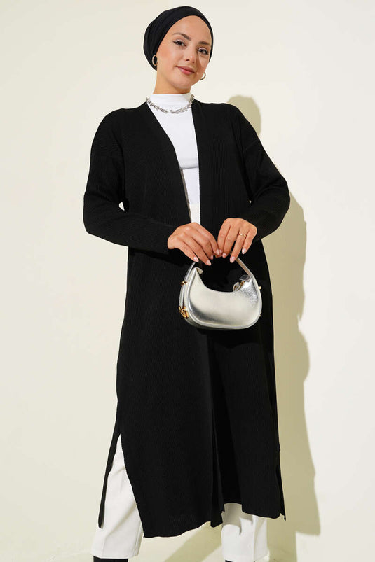 Thin Ribbed Knit Long Cardigan Black