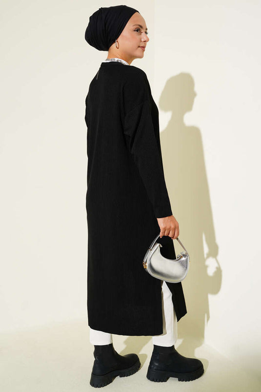 Thin Ribbed Knit Long Cardigan Black