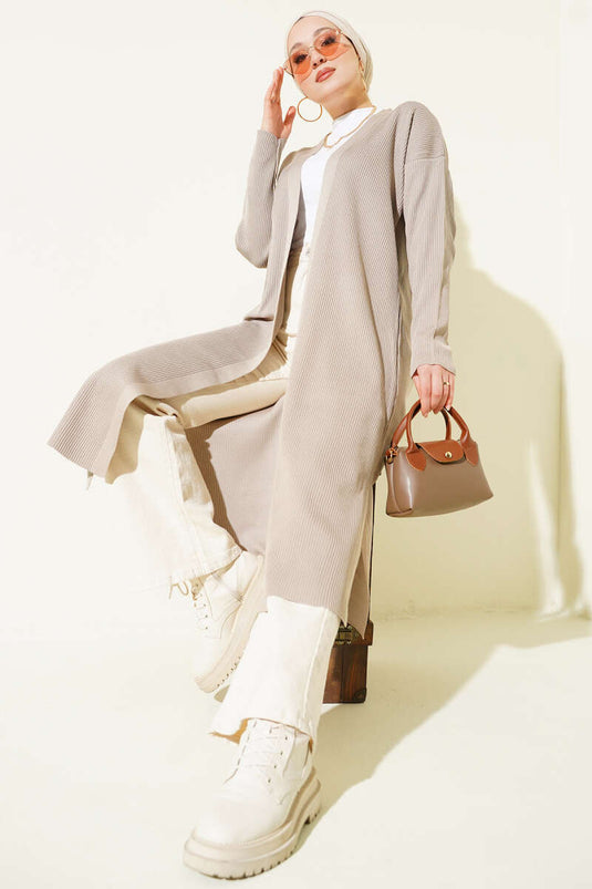 Thin Ribbed Knit Long Cardigan Mink