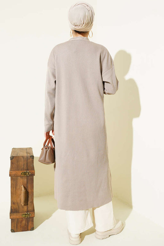 Cardigan long en tricot fin à côtes, couleur vison