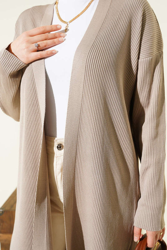 Thin Ribbed Knit Long Cardigan Mink