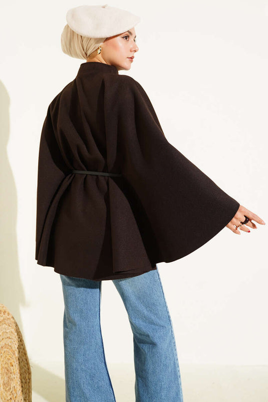 Thin Belt Detailed Cashmere Poncho Bitter Brown