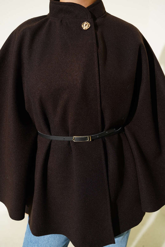 Thin Belt Detailed Cashmere Poncho Bitter Brown