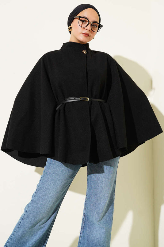 Thin Belt Detailed Cashmere Poncho Black