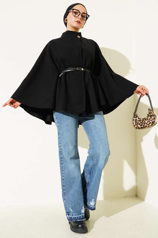Thin Belt Detailed Cashmere Poncho Black