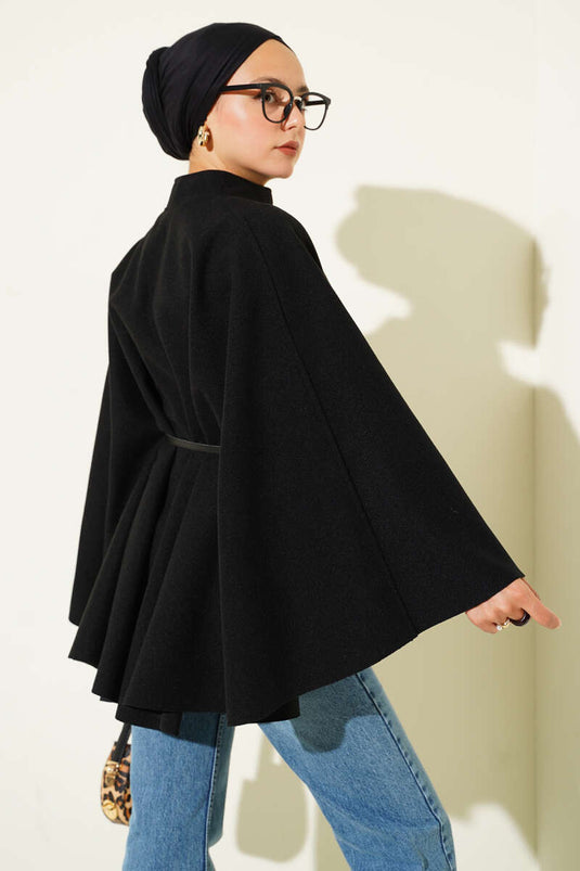 Thin Belt Detailed Cashmere Poncho Black